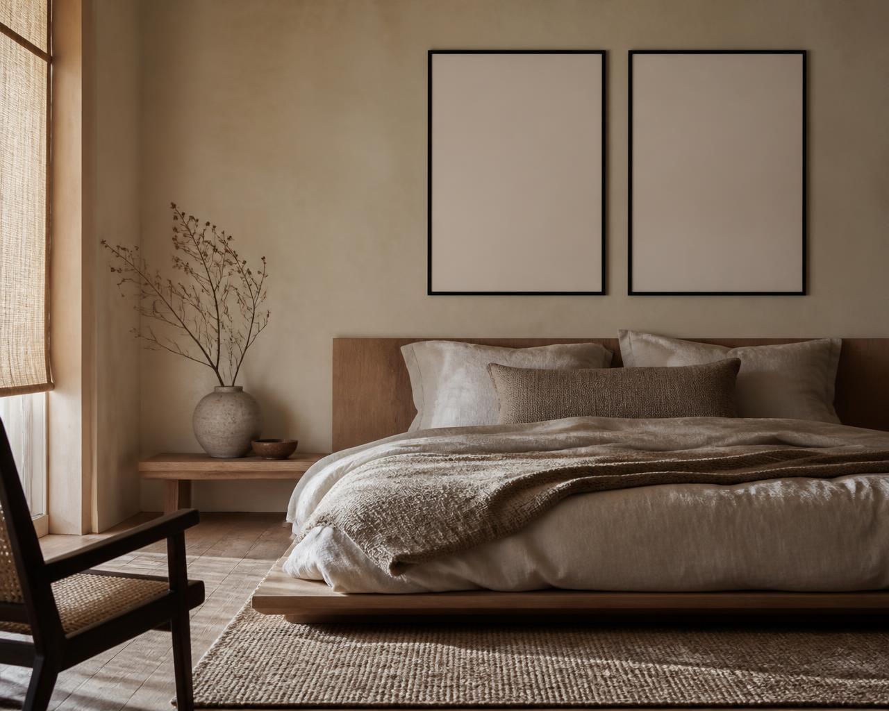 Japandi bedroom with wall art